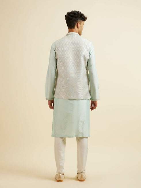 Manyavar Aqua Green & Light Grey Harlequin Print Jacket Set