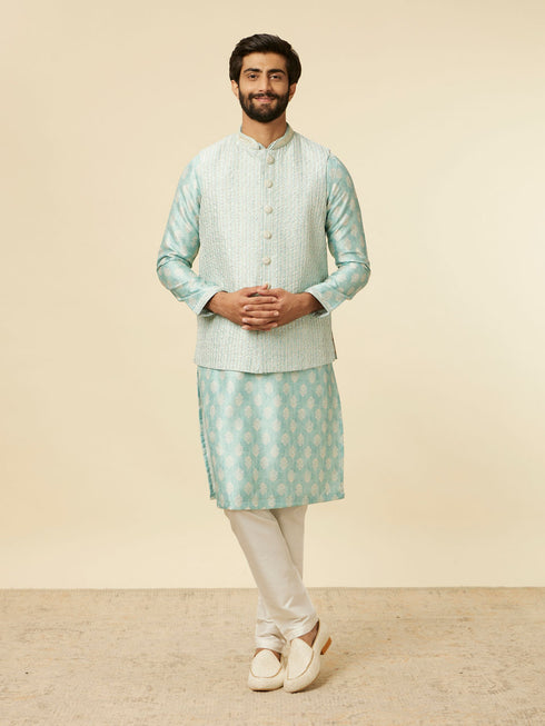 Manyavar Aqua Green Buta Patterned Jacket Set