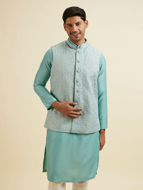 Manyavar Aqua Green Kurta Jacket Set with Exquisite Hand Embroidery and Cutdana Work