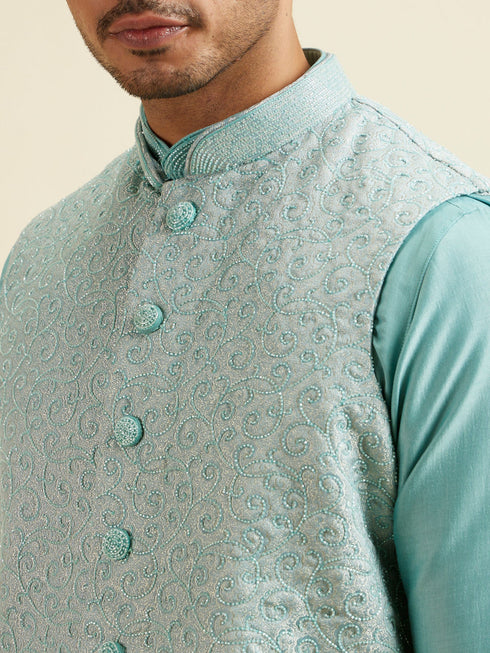 Manyavar Aqua Green Kurta Jacket Set with Exquisite Hand Embroidery and Cutdana Work