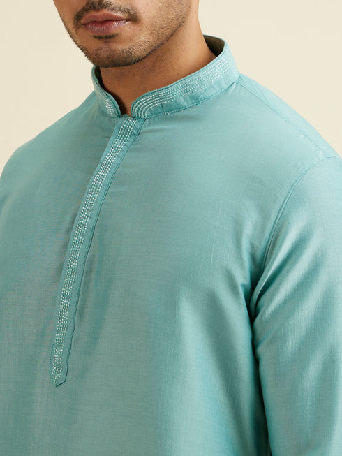 Manyavar Aqua Green Kurta Jacket Set with Exquisite Hand Embroidery and Cutdana Work
