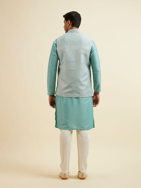 Manyavar Aqua Green Kurta Jacket Set with Exquisite Hand Embroidery and Cutdana Work