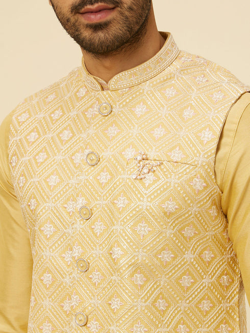 Manyavar Yellow Grid Patterned Chowkadi Motif Jacket Set