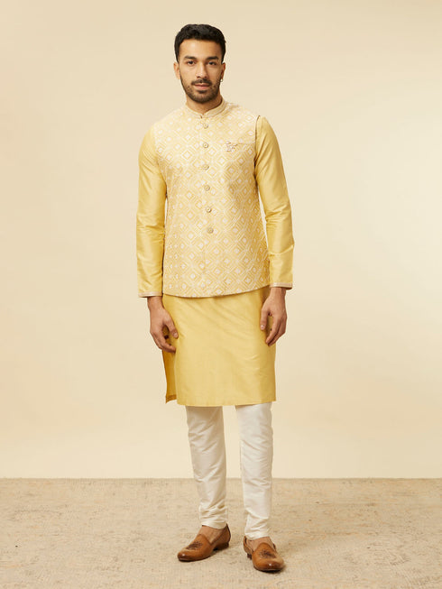 Manyavar Yellow Grid Patterned Chowkadi Motif Jacket Set