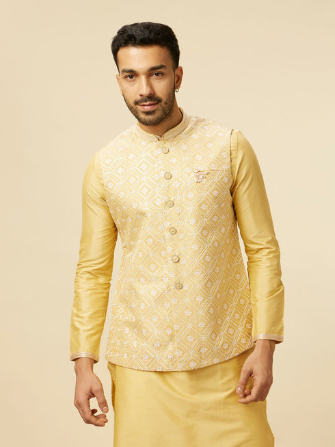 Manyavar Yellow Grid Patterned Chowkadi Motif Jacket Set