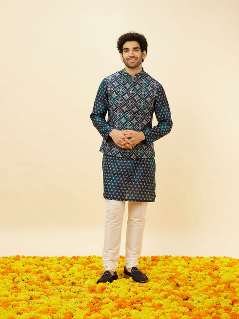 Manyavar Indigo Blue Ikat Inspired Kurta Jacket Set