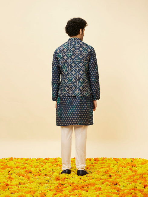 Manyavar Indigo Blue Ikat Inspired Kurta Jacket Set