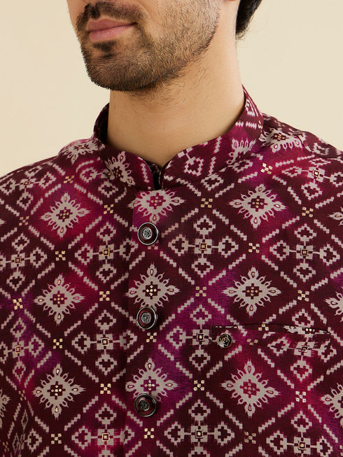 Manyavar Dark Wine Jacket Set with Chowkadi Motifs