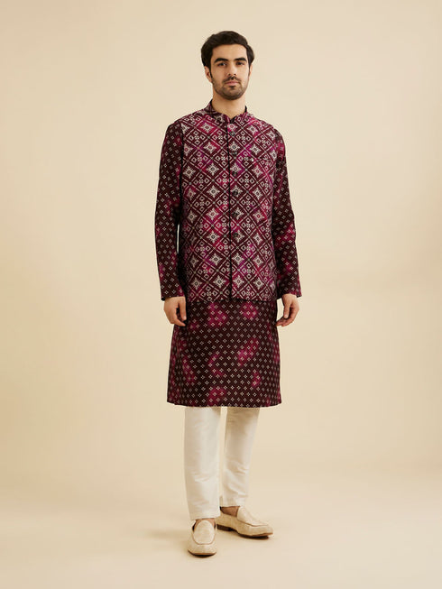 Manyavar Dark Wine Jacket Set with Chowkadi Motifs