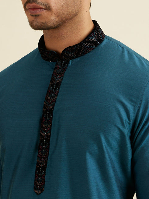 Manyavar Dark Blue & Teal Blue Sequined Jacket Set