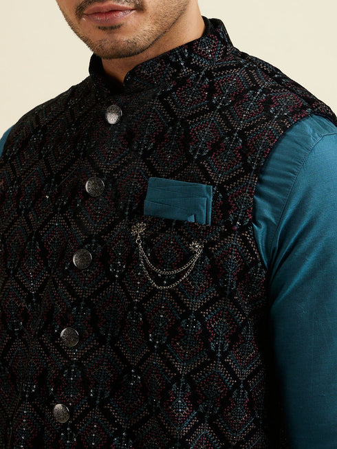 Manyavar Dark Blue & Teal Blue Sequined Jacket Set