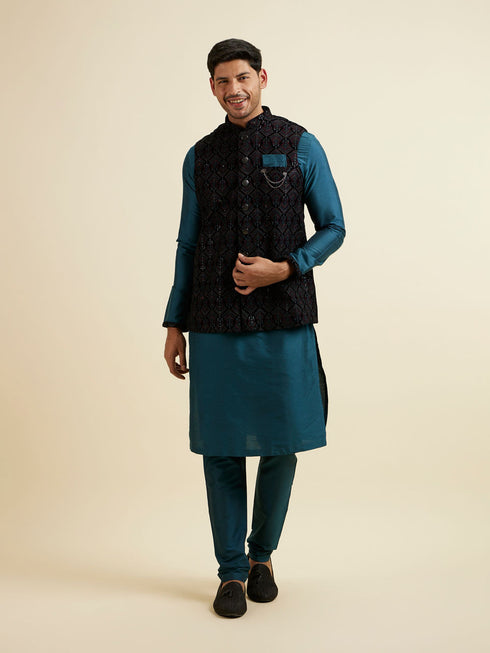 Manyavar Dark Blue & Teal Blue Sequined Jacket Set
