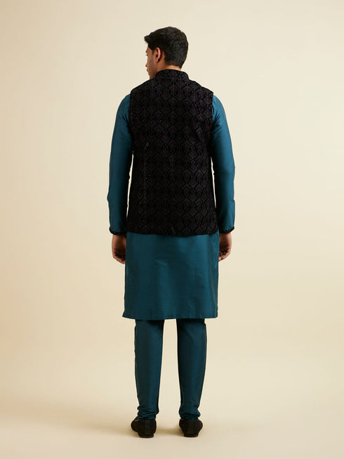 Manyavar Dark Blue & Teal Blue Sequined Jacket Set