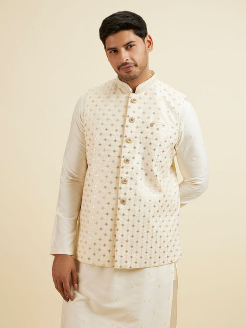 Manyavar Bright Cream Mirror Embellished Jacket Set