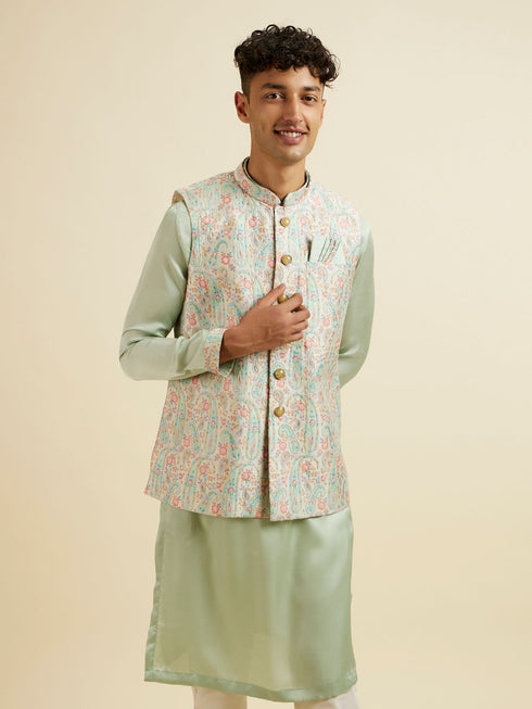 Manyavar Light Mid Green Paisley Print Jacket Set