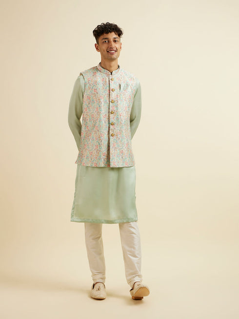 Manyavar Light Mid Green Paisley Print Jacket Set