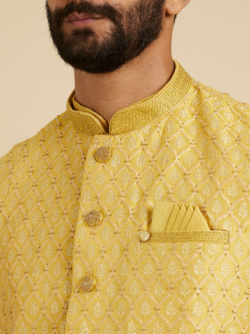 Manyavar Mustard Yellow Jaal Patterned Jacket Set with Fern Motifs