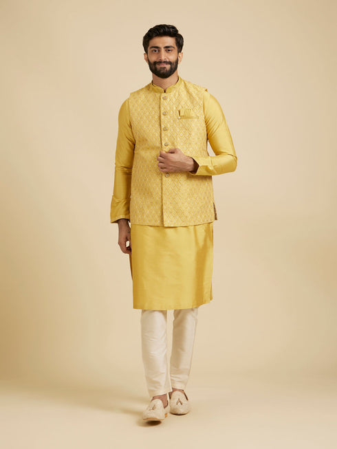 Manyavar Mustard Yellow Jaal Patterned Jacket Set with Fern Motifs