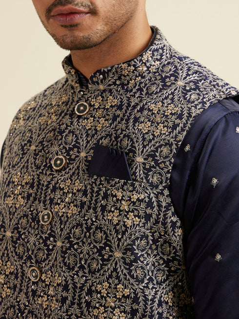 Manyavar Dark Blue Buta Patterned Jacket Set
