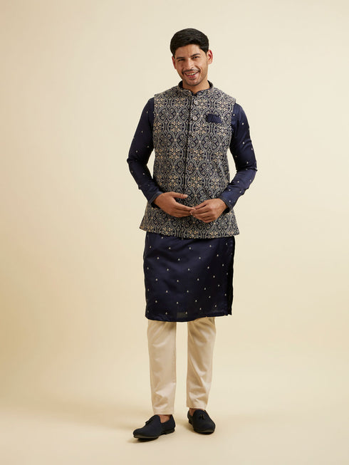 Manyavar Dark Blue Buta Patterned Jacket Set