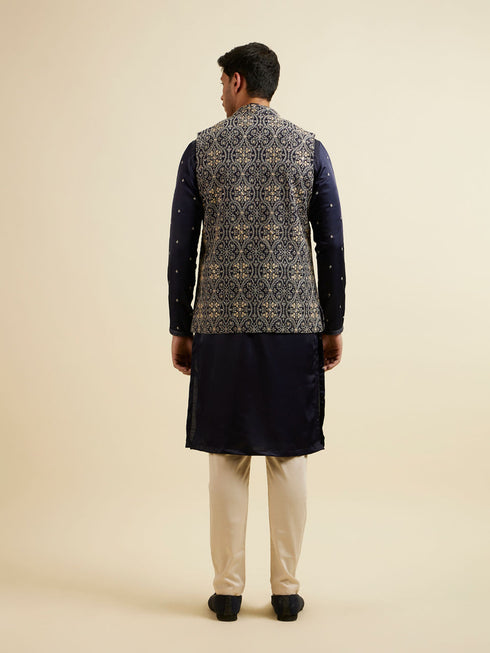 Manyavar Dark Blue Buta Patterned Jacket Set