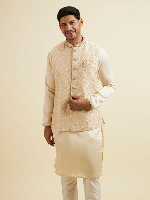 Manyavar Cream Beige Self Patterned Jacket Set