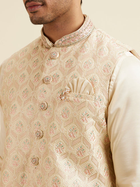 Manyavar Cream Beige Self Patterned Jacket Set