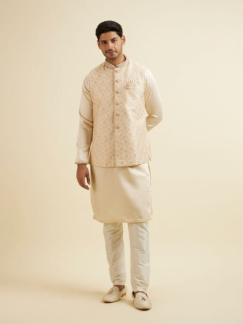 Manyavar Cream Beige Self Patterned Jacket Set