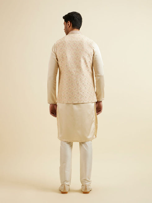 Manyavar Cream Beige Self Patterned Jacket Set