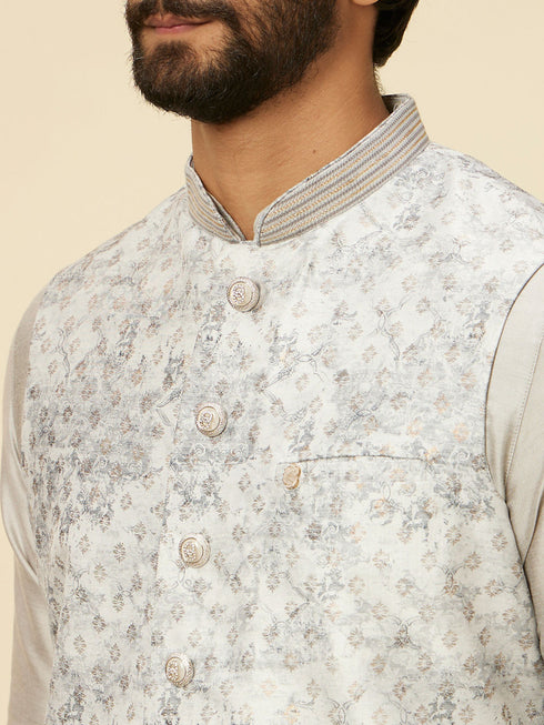 Manyavar Light Grey Bel Buti Patterned Jacket Set