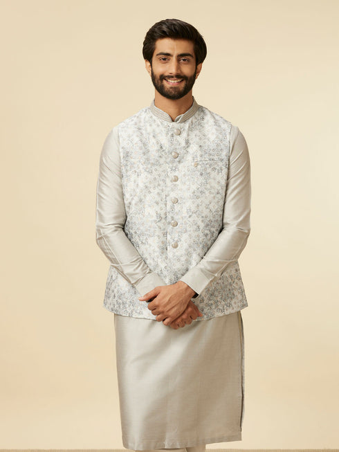 Manyavar Light Grey Bel Buti Patterned Jacket Set