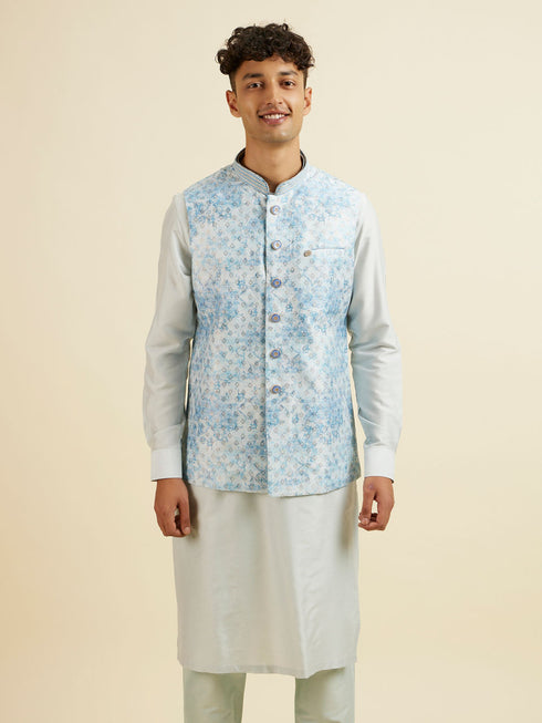 Manyavar Light Blue Kurta Jacket Set with Foil Print and Zari Embroidery