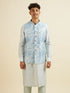 Manyavar Light Blue Kurta Jacket Set with Foil Print and Zari Embroidery