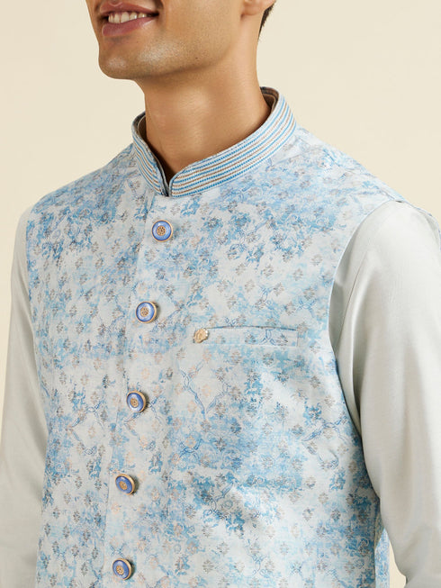 Manyavar Light Blue Kurta Jacket Set with Foil Print and Zari Embroidery