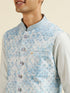 Manyavar Light Blue Kurta Jacket Set with Foil Print and Zari Embroidery