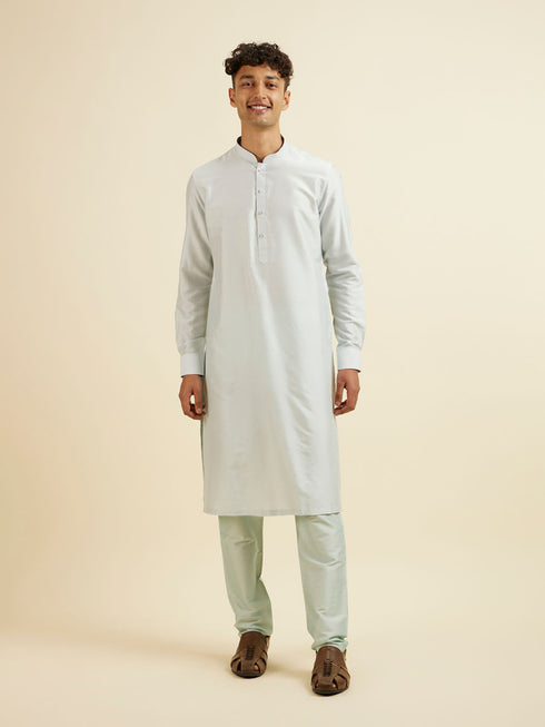 Manyavar Light Blue Kurta Jacket Set with Foil Print and Zari Embroidery