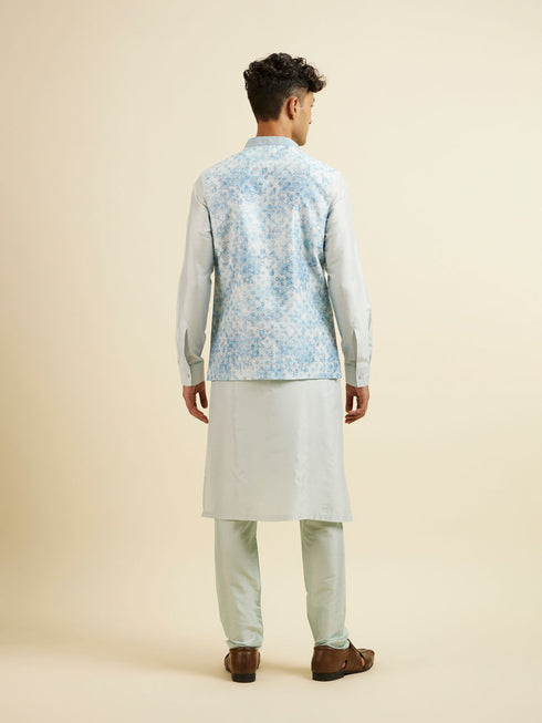 Manyavar Light Blue Kurta Jacket Set with Foil Print and Zari Embroidery