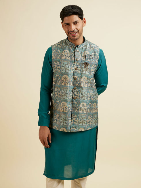 Manyavar Teal Green Self Print Kurta Jacket Set
