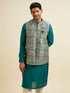Manyavar Teal Green Self Print Kurta Jacket Set