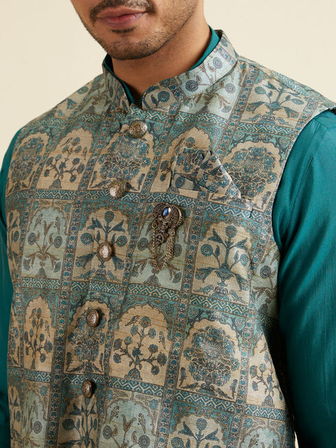 Manyavar Teal Green Self Print Kurta Jacket Set