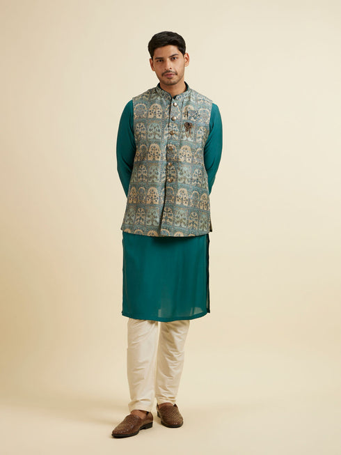 Manyavar Teal Green Self Print Kurta Jacket Set