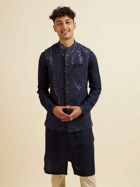 Manyavar Dark Blue Kurta Jacket Set with Embroidery and Sequin Work