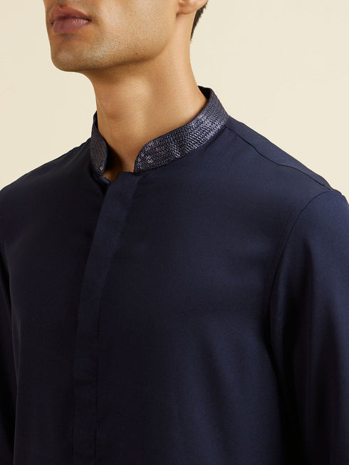 Manyavar Dark Blue Kurta Jacket Set with Embroidery and Sequin Work