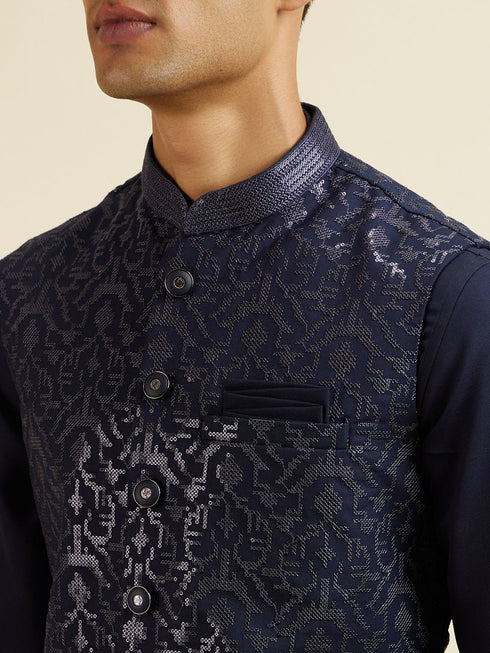 Manyavar Dark Blue Kurta Jacket Set with Embroidery and Sequin Work