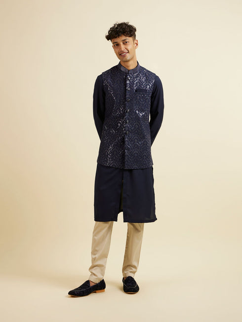 Manyavar Dark Blue Kurta Jacket Set with Embroidery and Sequin Work