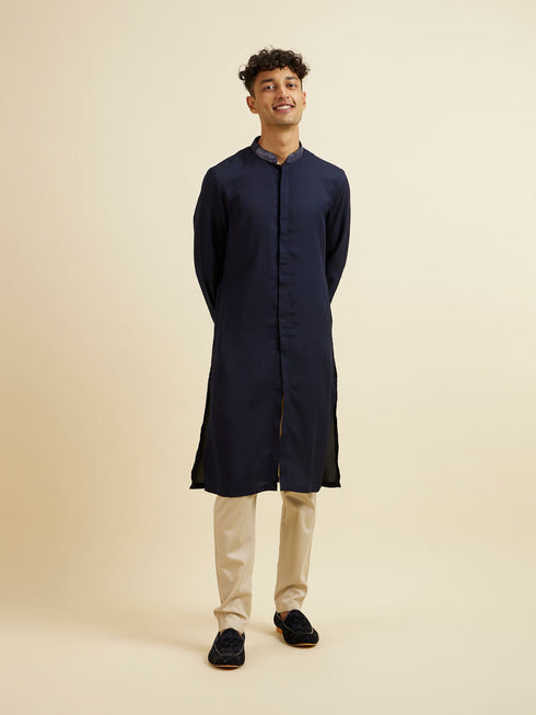 Manyavar Dark Blue Kurta Jacket Set with Embroidery and Sequin Work