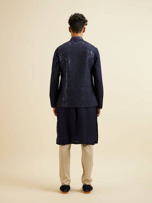 Manyavar Dark Blue Kurta Jacket Set with Embroidery and Sequin Work