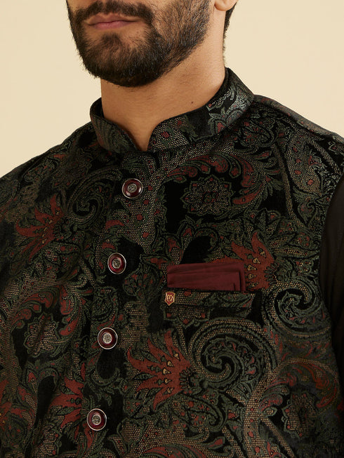 Manyavar Midnight Black Paisley Patterned Jacket Set with Rhinestones