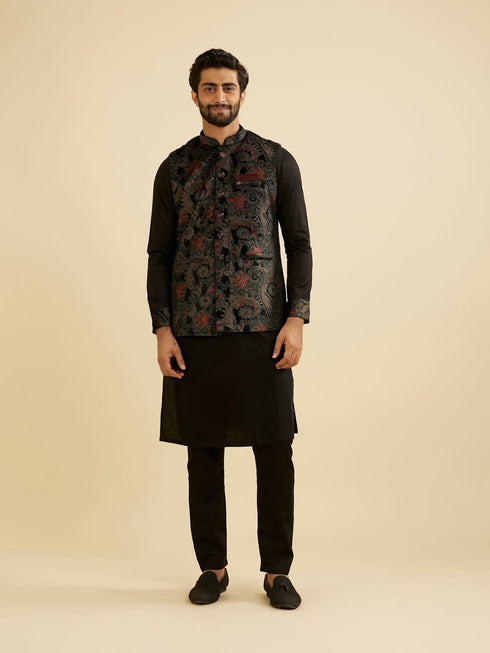 Manyavar Midnight Black Paisley Patterned Jacket Set with Rhinestones