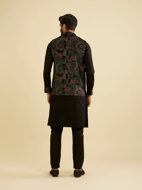 Manyavar Midnight Black Paisley Patterned Jacket Set with Rhinestones